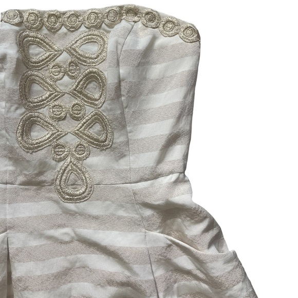 Lilly Pulitzer Blossom Cream Gold Striped Embroidered Strapless Silk Dre… - Picture 8 of 14